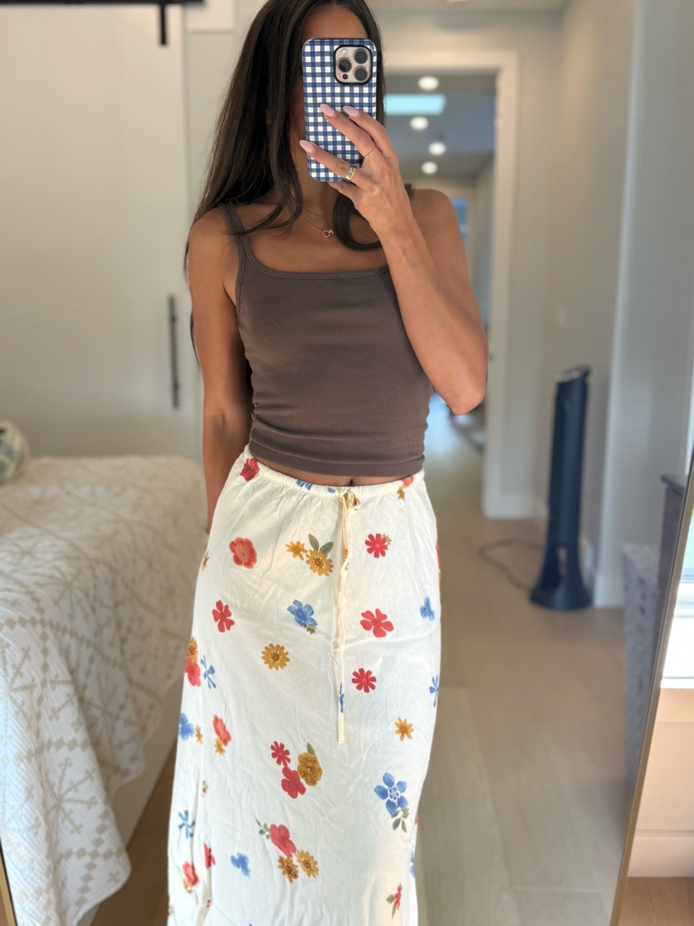 Cream Floral Drawstring Maxi Skirt